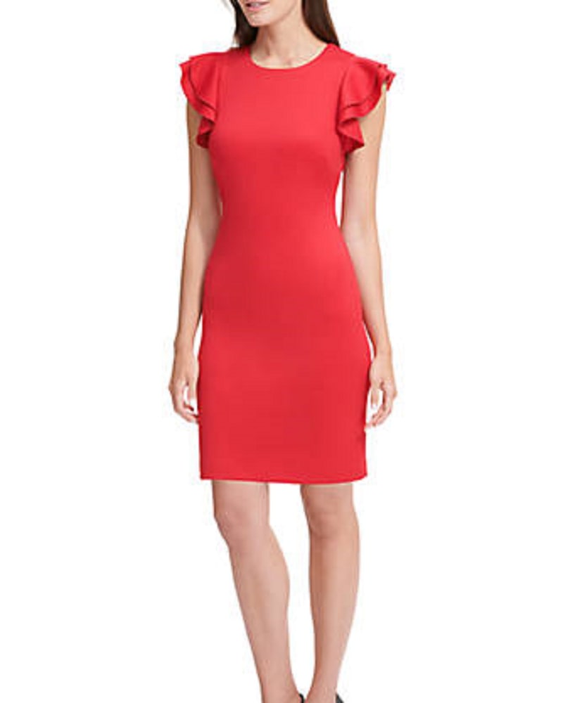 Front of a model wearing a size 22 Tommy Hilfiger Women's Plus Size Sheath Flutter Sleeve Dress Red Size 22 in Red by Tommy Hilfiger. | dia_product_style_image_id:312577